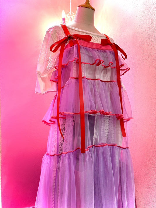 503432 紫チュールワンピース　purple tulle overalls