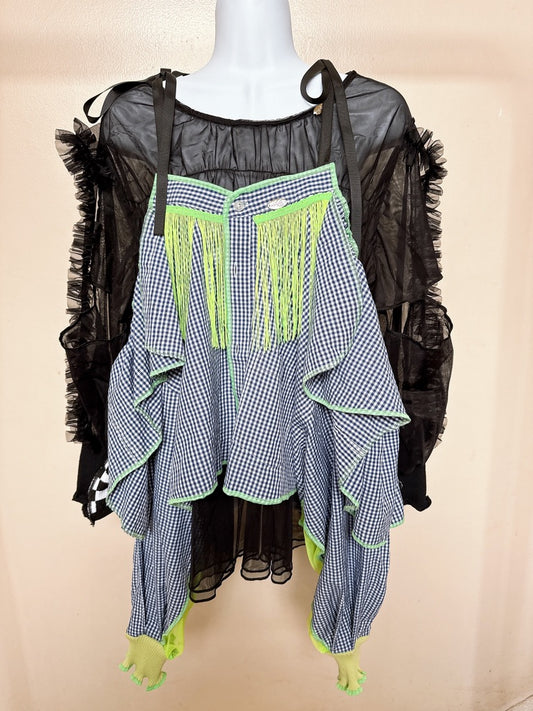 503246　肩リボンフリンジフリル2wayシャツ　（青白ギンガム）　　Tussles attached plaid tops