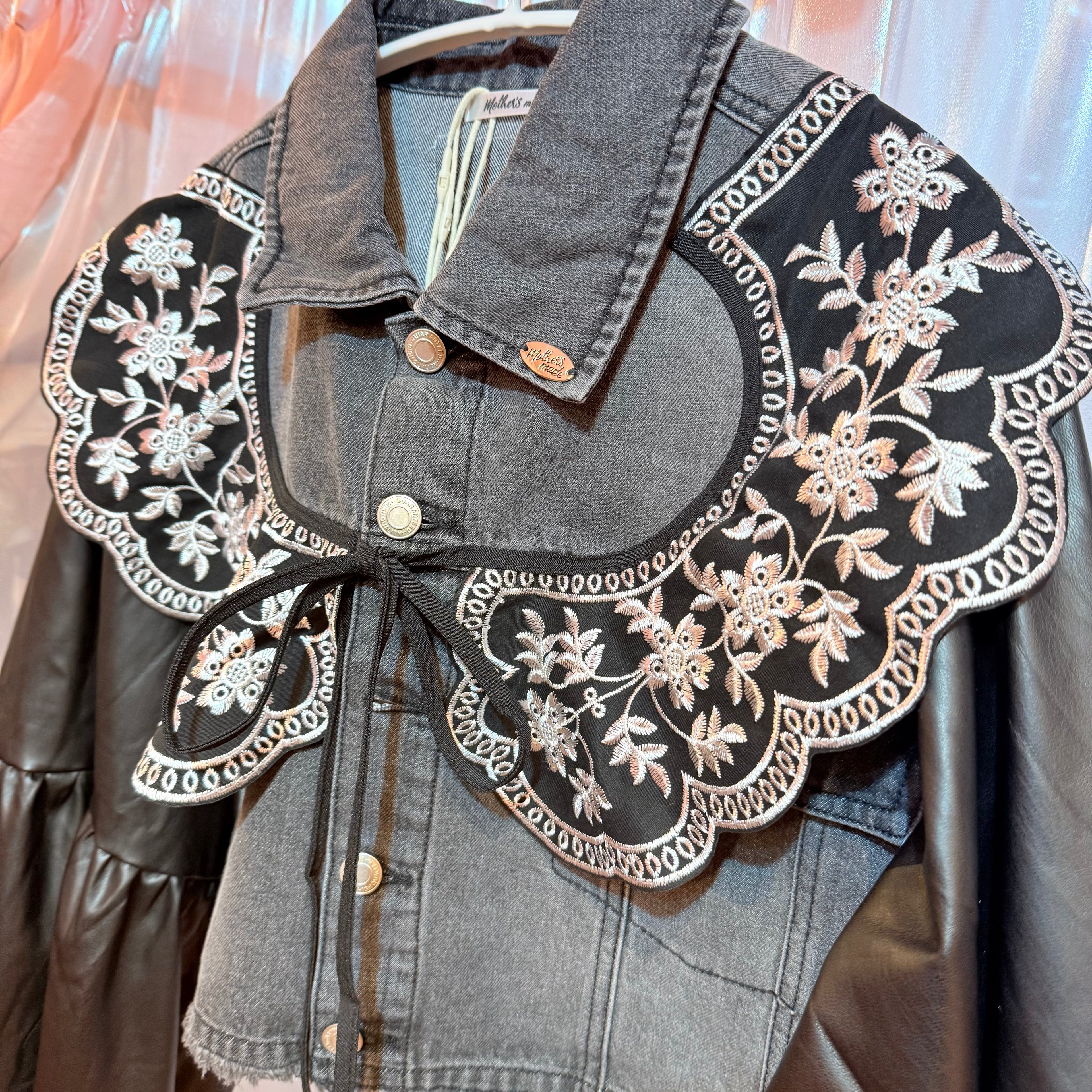 フェイクレザーのバルーンスリーブデニムジャケット