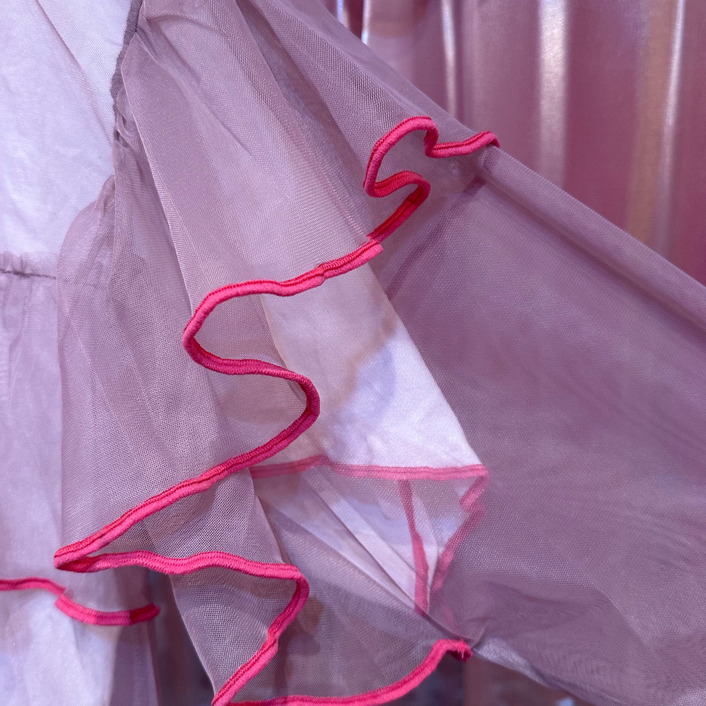 ピンクシアーフリル長袖トップス