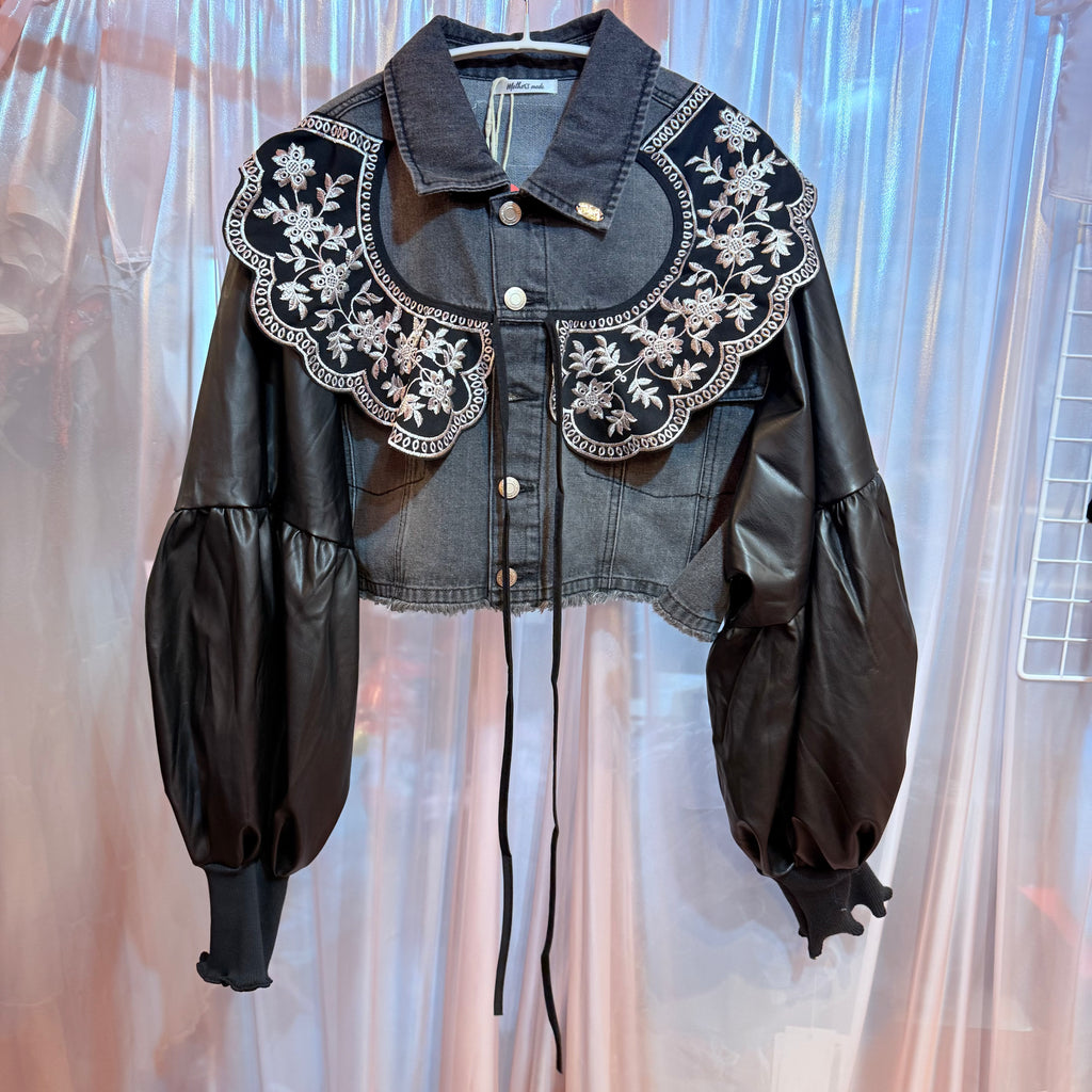 フェイクレザーのバルーンスリーブデニムジャケット