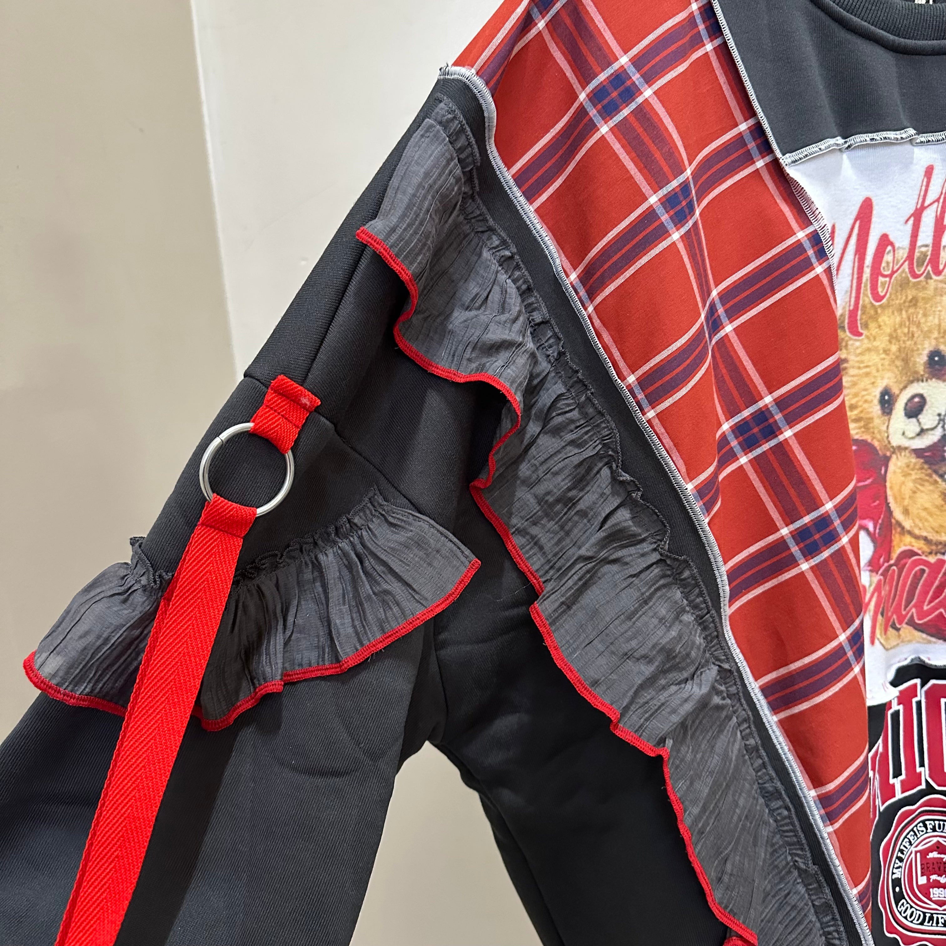 テディベアチェック柄リメイクスウェットシャツ