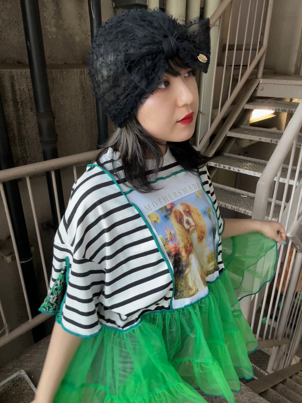 キャバリア犬半袖ボーダーTシャツ＆グリーンチュール