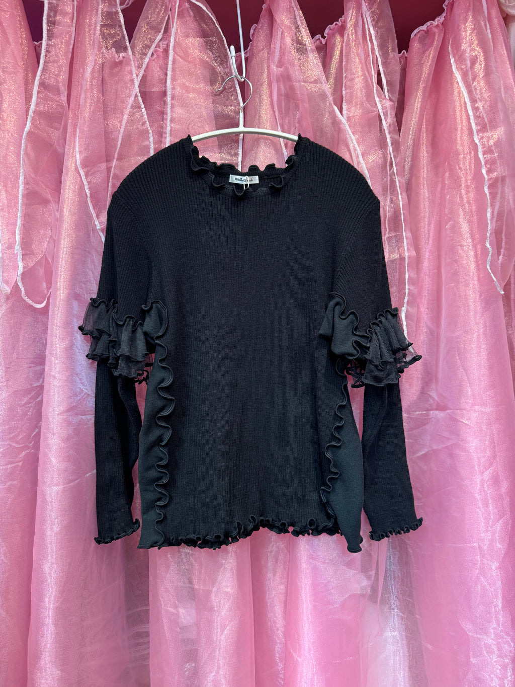 インスタライブ紹介商品・609201袖チュールフリルニット(クロ)