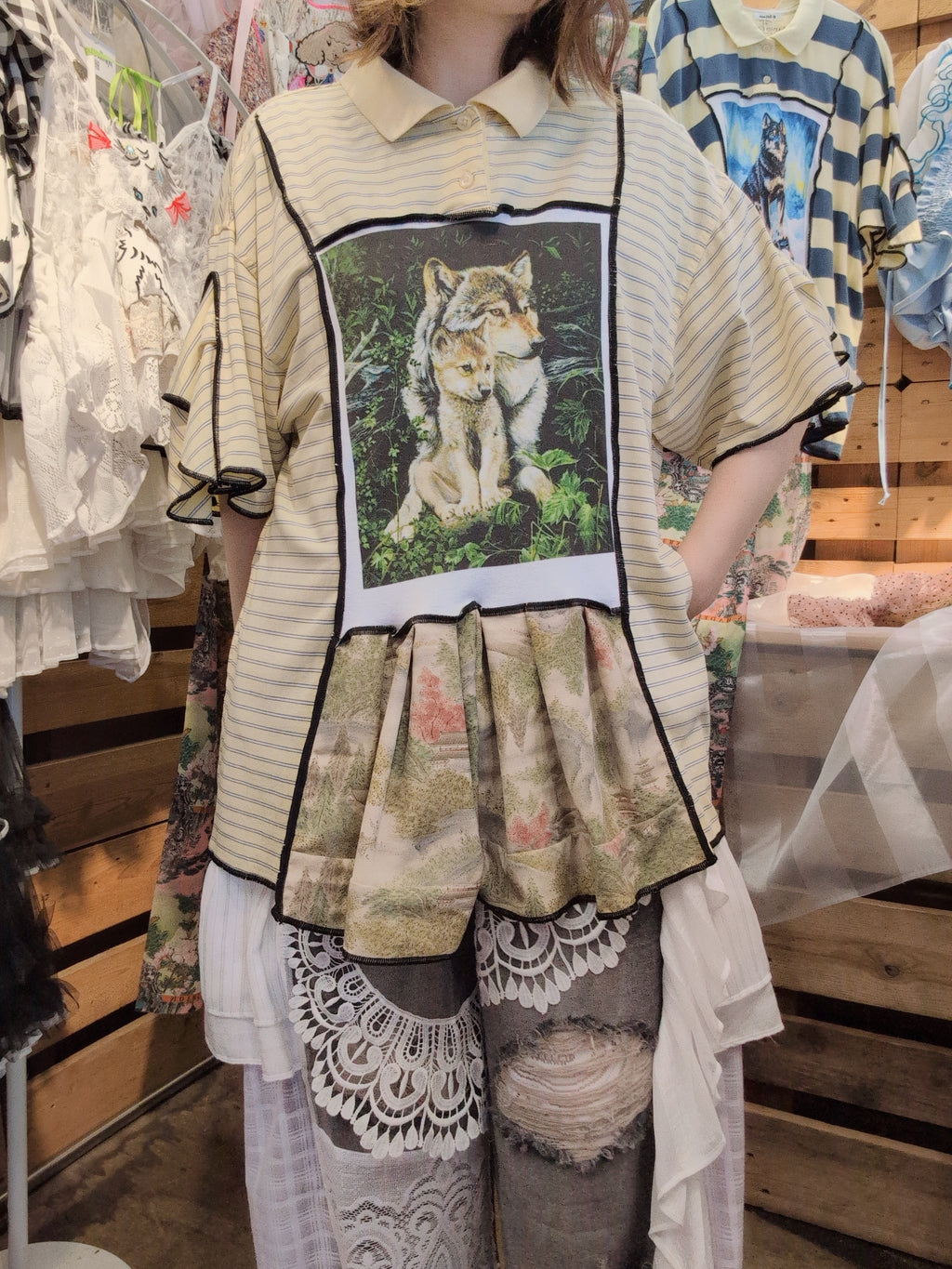 おおかみの親子ポロシャツ 黄色細ボーダー