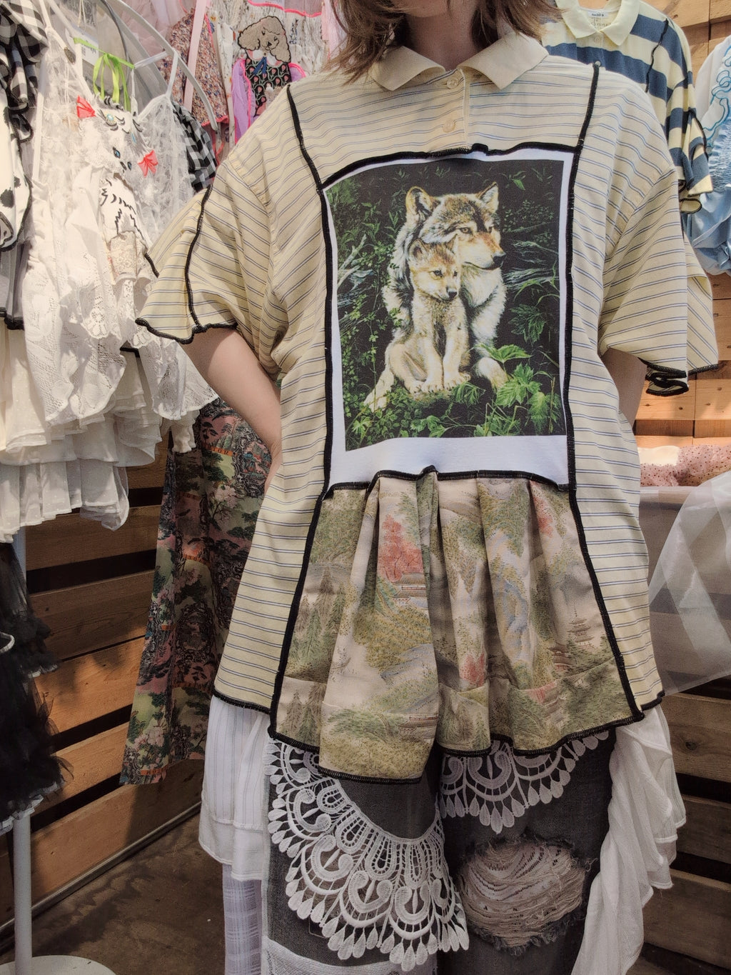 おおかみの親子ポロシャツ 黄色細ボーダー